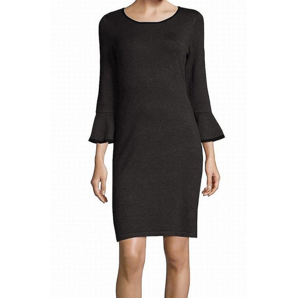 Calvin Klein Two-Tone Bell Sleeve Grey Midi Sweater Dress Black Contrast Trim S
